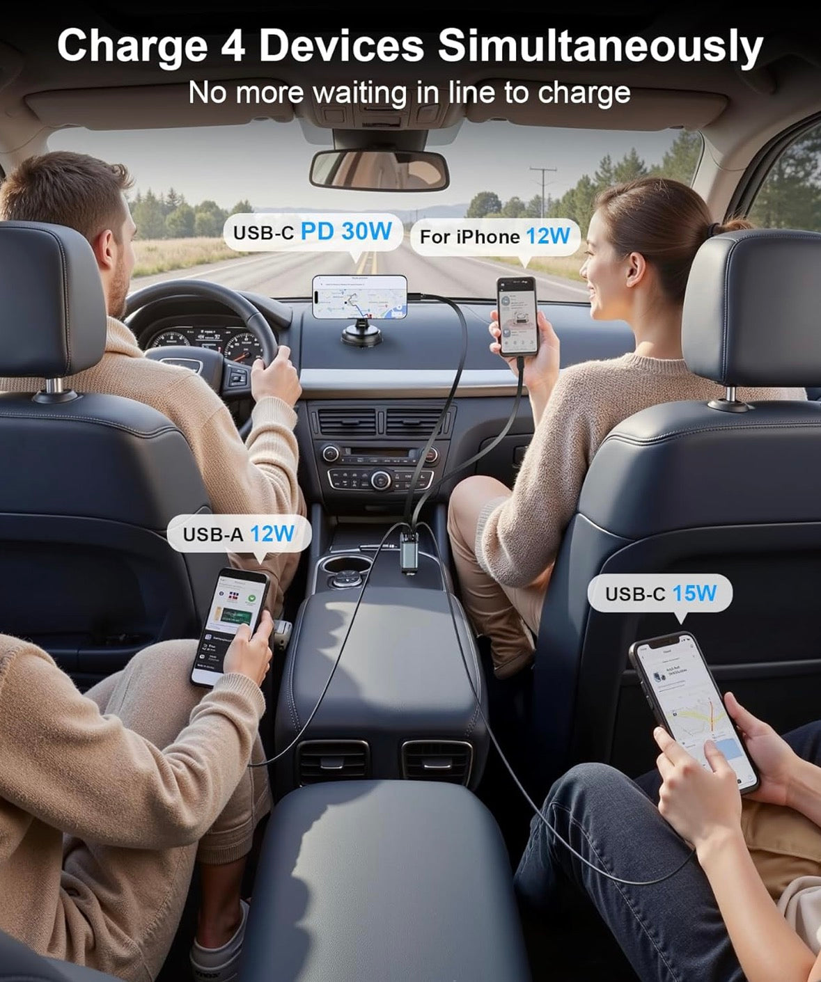 Gritin Retractable Car Charger, 69W Super Fast 4 in 1 USB C Car Charger Adapter with Smart Device-Adaptive Charging Technology&Instant Voltage Display, Accessories for iPhone17 16 Pro Max,iPad,Android