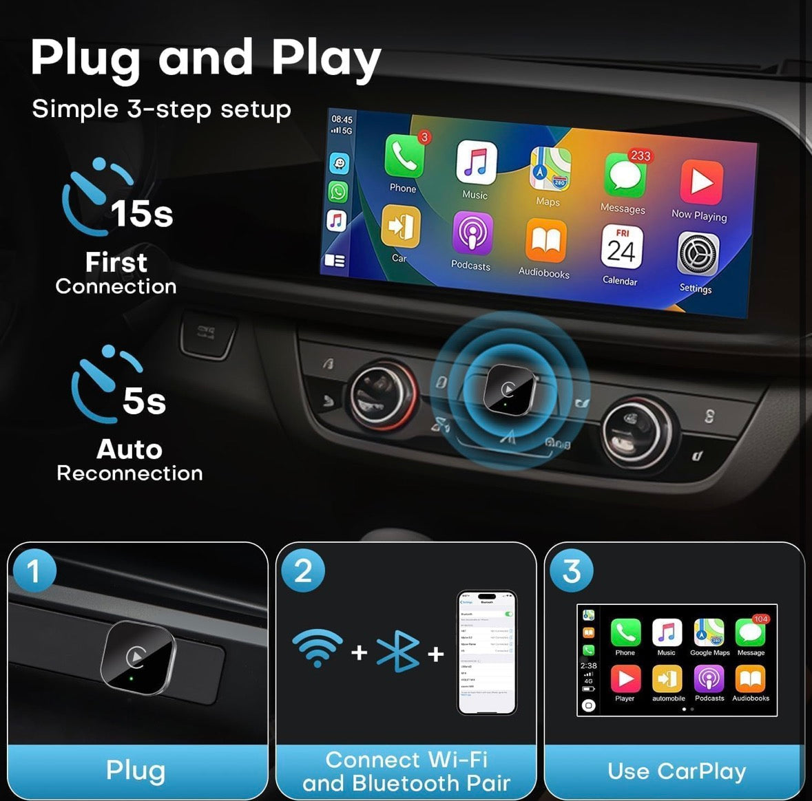 2025 Upgraded Wireless CarPlay Adapter,Effortlessly Convert Wired to Wireless CarPlay,Suitable for cars with carplay,Compatible with iPhone iOS 10+ & Android Auto,Mini&Stable Car Play Wireless Adapter