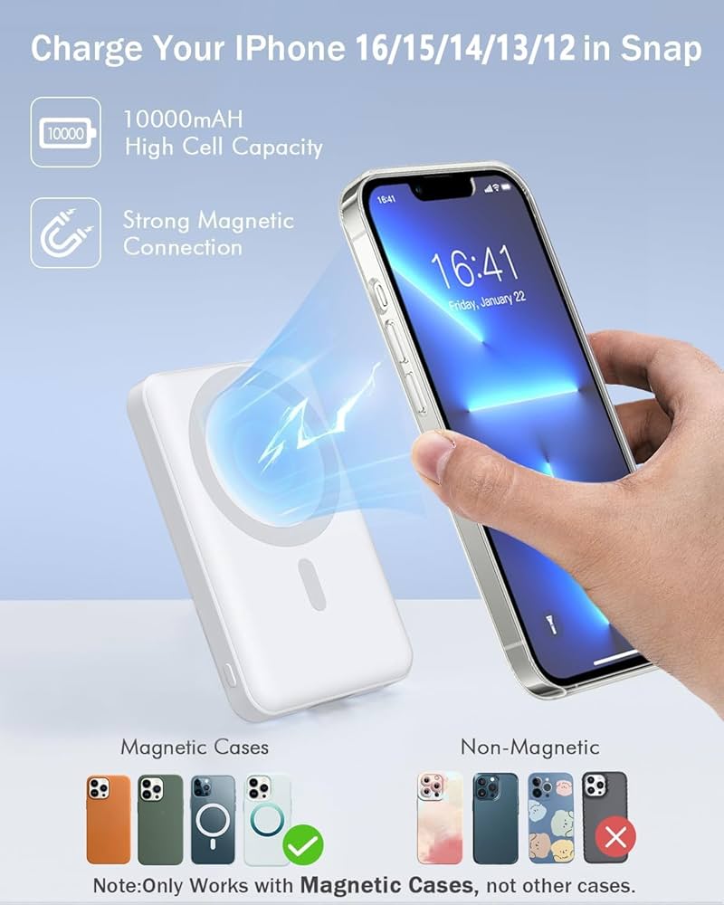 Power Bank, Magnetic Wireless Portable Charger 10000mAh, 20W Ultra-Slim Fast Charging Battery Pack, USB-C Wireless Powerbank Compatible with iPhone 16/15/14/13/12 Pro/Pro Max Series, Samsung, Huawei