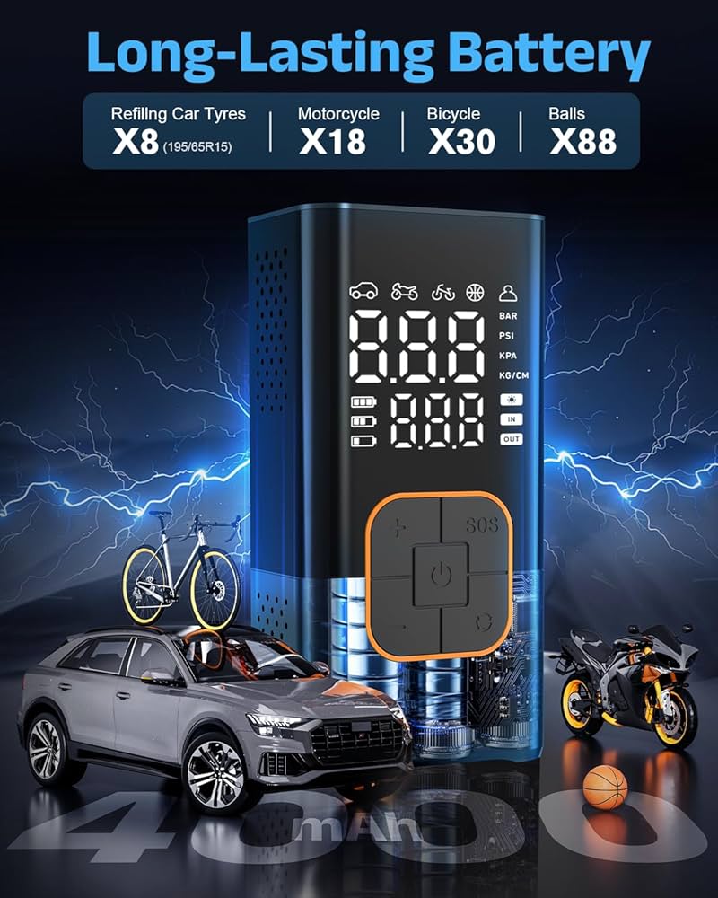 Tyre Inflator Air Compressor, Cordless Electric Bike Pump & Car Tyre Pump with Digital Pressure Gauge 150 PSI, Dual Values Display, LED Light, Portable Tyre Inflator for Car/Bicycle/Motocycle/Ball