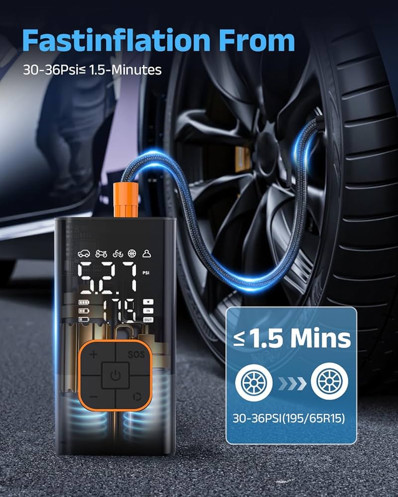 Tyre Inflator Air Compressor, Cordless Electric Bike Pump & Car Tyre Pump with Digital Pressure Gauge 150 PSI, Dual Values Display, LED Light, Portable Tyre Inflator for Car/Bicycle/Motocycle/Ball