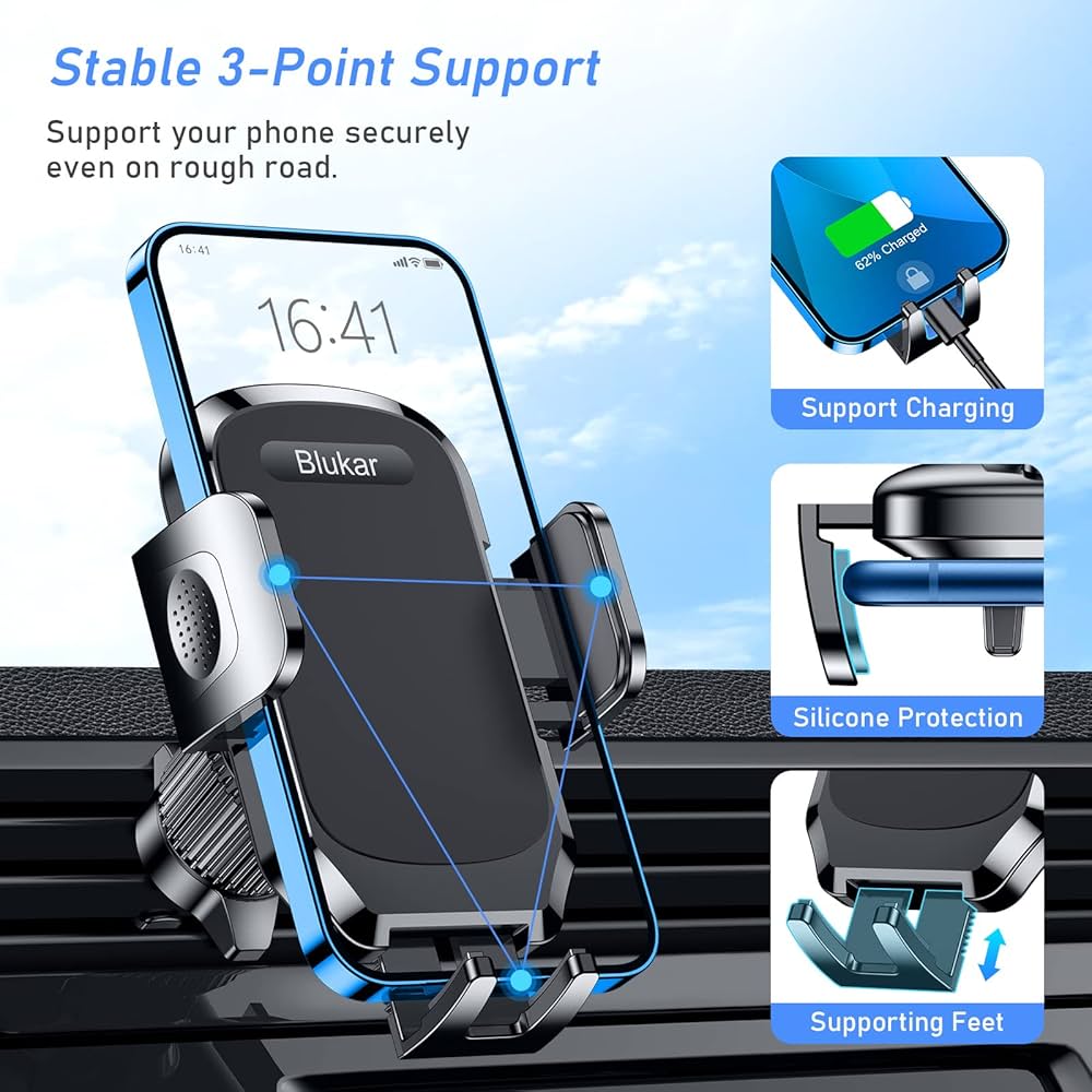 Blukar Car Phone Holder, Air Vent Car Phone Mount Cradle 360° Rotation - Upgraded Super Stable Hook Clip - One Button Release Holder for iPhone, Galaxy, All 4.0''-6.7'' Smartphones