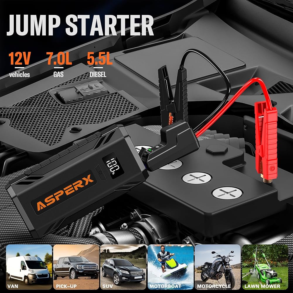 ASPERX Jump Starter Power Pack(Up to 7L Gas/5.5L Diesel), Car Battery Booster Jump Starter with Jump Leads,LED Flashlight &1.4 INCH LCD Display,Jump Pack for 12V Vehicles Pickup SUV Motorcycle