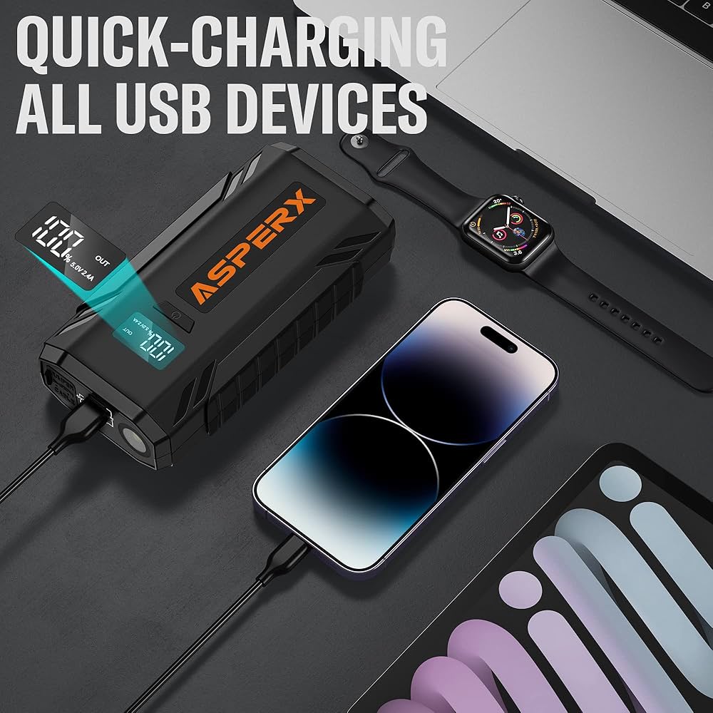 ASPERX Jump Starter Power Pack(Up to 7L Gas/5.5L Diesel), Car Battery Booster Jump Starter with Jump Leads,LED Flashlight &1.4 INCH LCD Display,Jump Pack for 12V Vehicles Pickup SUV Motorcycle